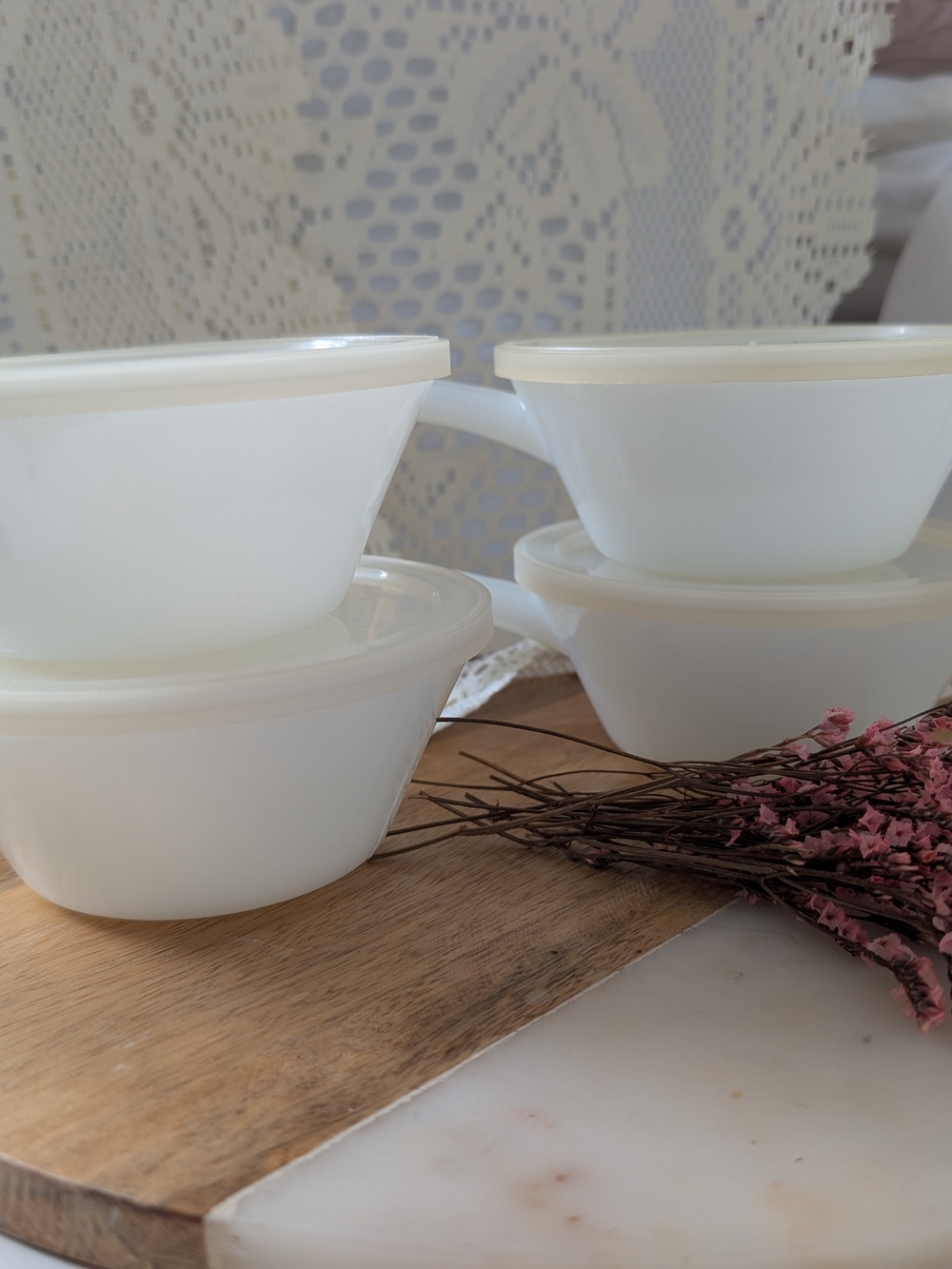 Vintage Fire‑King Milk Glass Handled Bowls with Lids — Set of 4